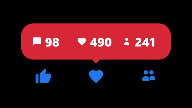 An animation showing the calculation of comments, likes, and interactions, featuring blue elements against a black background.