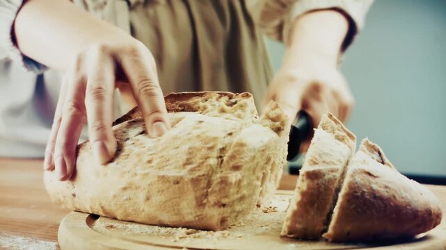 Slicing Freshly Baked Organic Sourdough Bread With Knife On Wooden Cutting. Crusty Artisan Wheat Bread Slices 