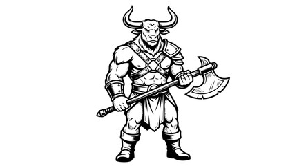 Fototapeta premium Black and white illustration of a powerful minotaur warrior holding a large double-bladed axe, depicted in a fantasy art style.