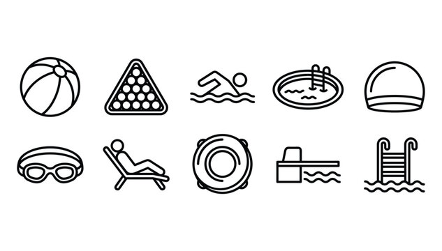 Minimalist black outline summer recreation and swimming pool icon set featuring sports and relaxation symbols