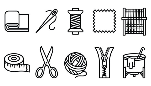Minimalist black outline textile and sewing tailor icon set featuring fabric rolls needles thread spools and handicraft symbols