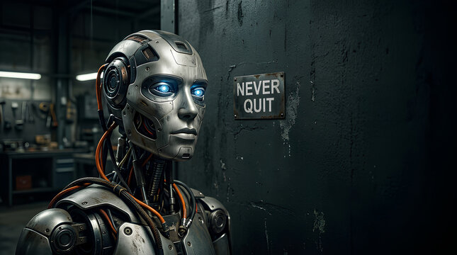 Profile portrait of a futuristic humanoid robot with glowing blue eyes standing in a dark industrial workshop next to a sign that reads Never Quit on a textured metal wall.