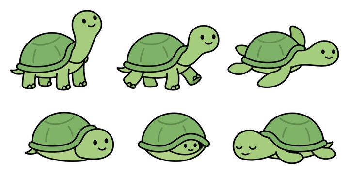 Collection of cute cartoon turtles in various poses and perspectives