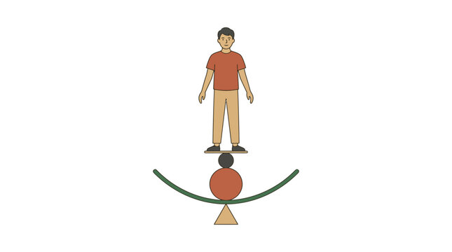 Man balancing on a precarious stack of shapes