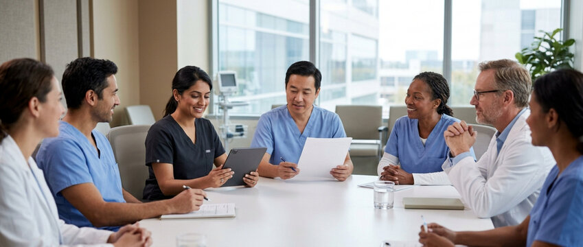 Diverse medical team in meeting discussing patient care and treatment plans.