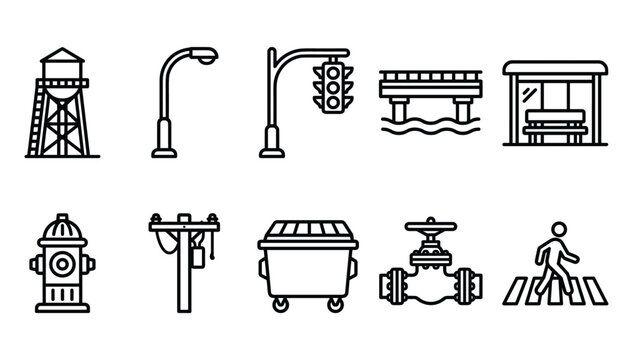 Minimalist black outline urban infrastructure and city public utilities icon set featuring civic development elements
