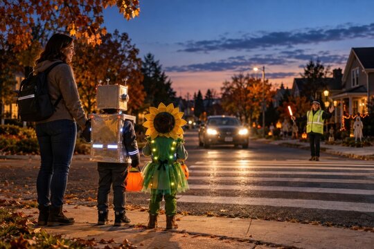 Parent and children in reflective costumes waiting at a crosswalk suited to family safety promotions, autumn guidance and community editorials