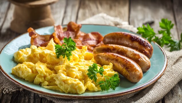 Deftiges Herzhaftes Fr&uuml;hst&uuml;ck Mit R&uuml;hrei, Gebratenen W&uuml;rstchen Und Knusprigem Speck Auf Einem Teller F&uuml;r Gastronomie Und Kulinarische Konzepte