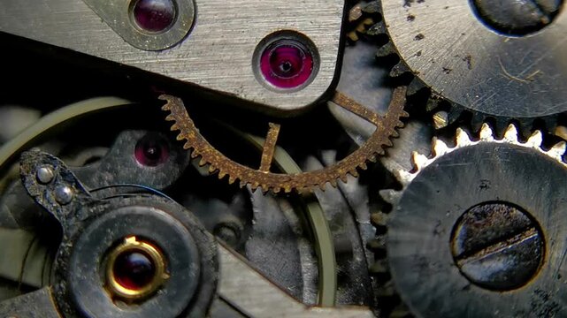 Extreme macro footage of an operating vintage mechanical watch movement showing oscillating balance wheel, brass gears, ruby jewel bearings, and internal clockwork mechanism.