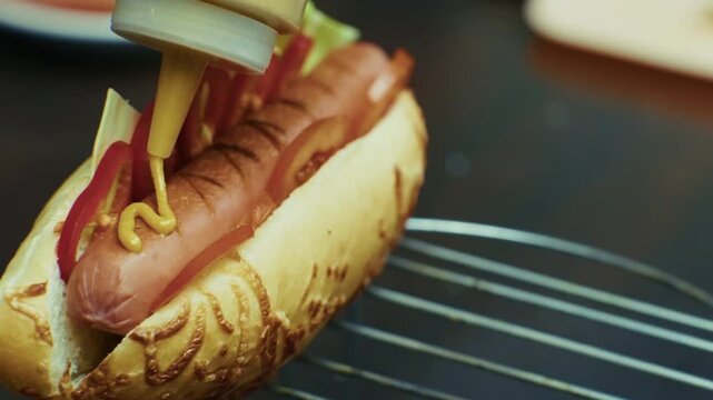 Pouring Mustard Bottle Squeezing Sauce Onto Hot Dog Bun With Grilled Sausage Pepper Slices Cheese. Fast Food Preparation 