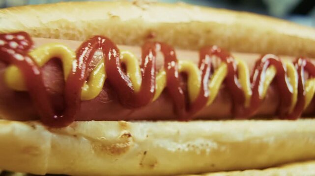 Hotdog With Sausage Ketchup And Mustard In Soft Bun. Fast Food Street Meal 
