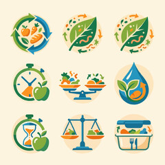 Fototapeta premium Sustainable Food Consumption and Recycling Concept Icons Set