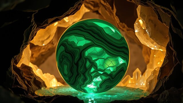Glowing orb rests within cavern. Dramatic lighting highlights swirling green patterns, crystal formations surround it. Mysterious, captivating scene.