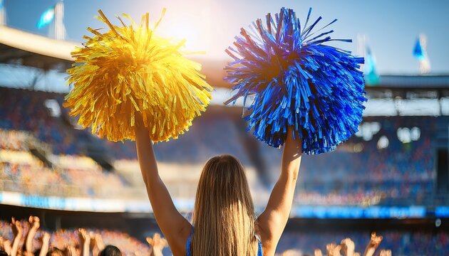 cheerleaders hold up vibrant blue and yellow pom poms in a lively outdoor sports event with bright sunlight and blurred crowd background