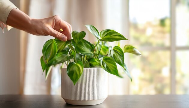 close up of a hand gently tending to a green pothos plant in a textured white ceramic pot