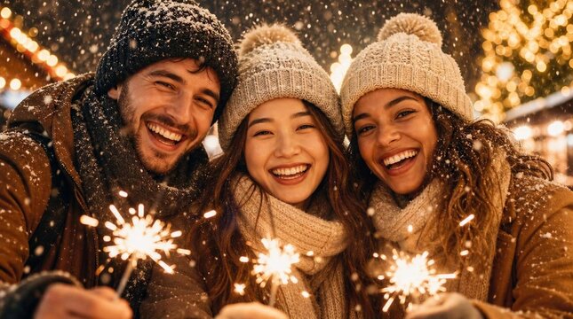 Happy multicultural friends taking a winter selfie with sparklers during snowfall and festive holiday lights at night