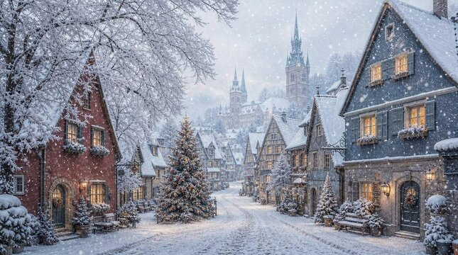 Snowy European village street with cozy lit houses, Christmas tree decorations, and church spires in a gentle winter snowfall