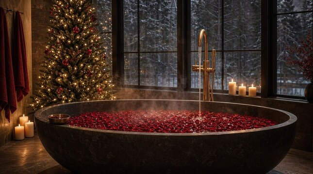 Cozy winter spa bathroom with steaming oval stone bathtub filled with red rose petals, candles, and a decorated Christmas tree beside snowy windows