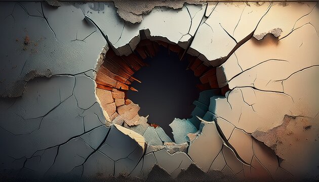 cracked broken hole in concrete wall damaged decay deteriorated broken weathered destruction ruined old gritty