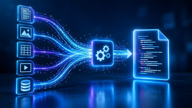 Futuristic data processing concept with glowing lines converting various file formats into programming code for digital automation and software development.