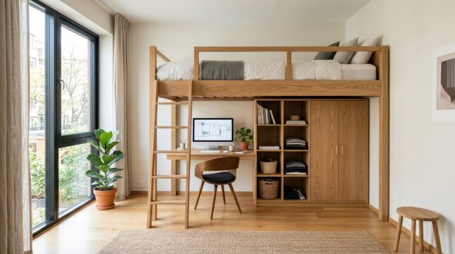 A cozy bedroom with a wooden loft bed, a desk, and a chair, featuring a rug and a window with a view of a tree outside.