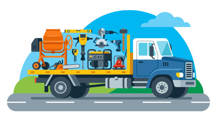 Obraz premium A flatbed truck carries various construction tools on the road
