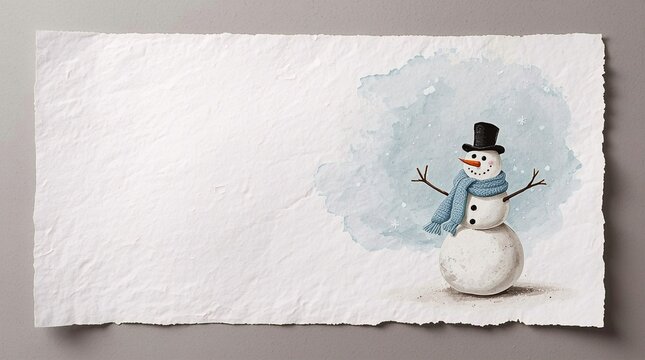 Watercolor winter snowman illustration on textured paper with blue scarf, black top hat, carrot nose, and snowy background with copy space