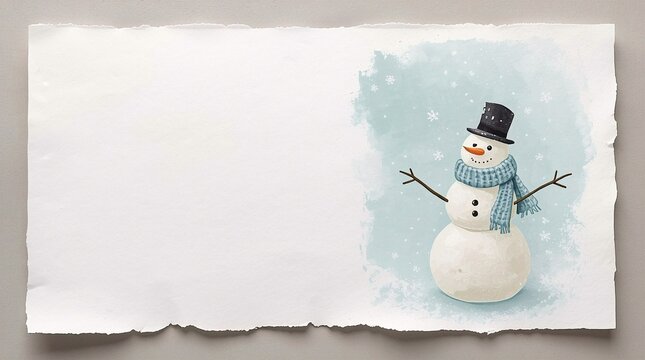 Watercolor winter greeting card with smiling snowman in top hat and blue scarf, falling snowflakes, and large blank copy space on textured paper