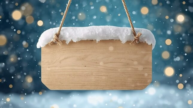Blank wooden hanging signboard covered with snow, suspended by rope against a festive winter bokeh background