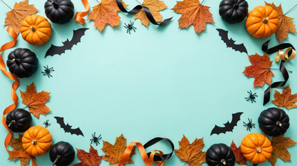 Fototapeta premium Halloween Frame: Pumpkins, Bats, Leaves, Spiders on Teal Background