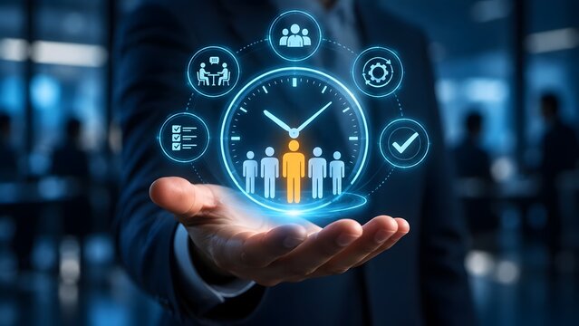 Glowing digital clock with a highlighted employee and business icons in a manager hand, representing workforce management, team scheduling, and recruitment optimization.