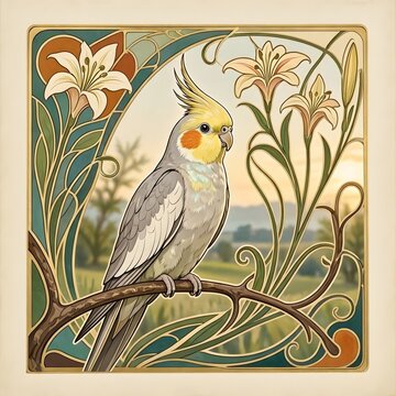 아르누보 디자인 배경, 왕관앵무, jpeg (Art Nouveau Design Background, Cockatiel, jpeg)