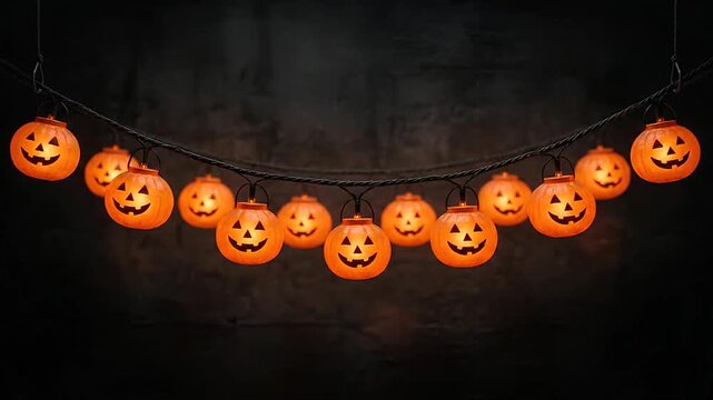 Glowing jack o lantern string lights hanging against dark rustic wall