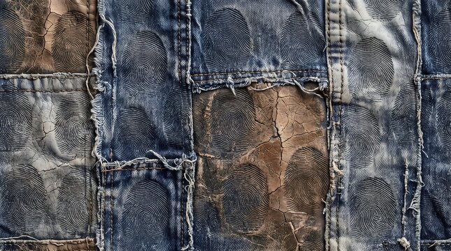 Abstract grunge denim patchwork and cracked earth texture with circular fingerprint overlays for apparel design, web backgrounds, and creative graphics.