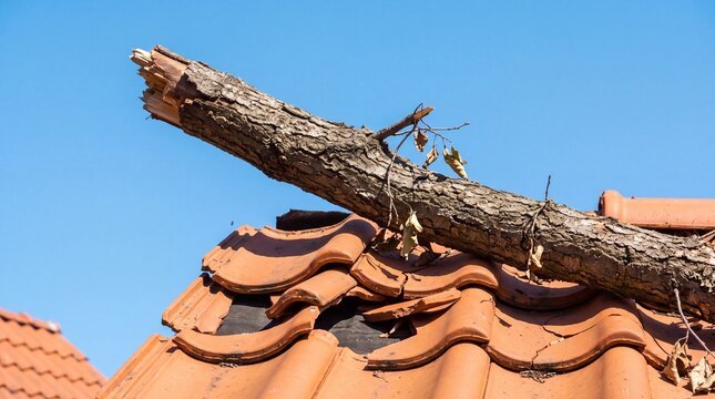 A fallen tree branch lies across a damaged residential roof with broken red clay tiles and exposed black underlayment against a bright blue sky.