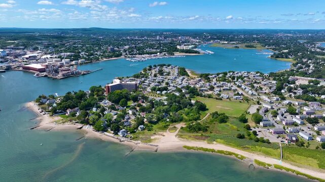 Town River mouth to Fore River aerial view including Bay Pointe Marina and Germantown in Quincy, Massachusetts MA, USA.