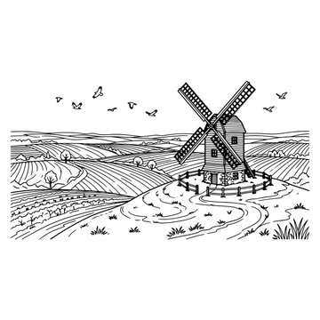 Traditional windmill standing in a rural landscape