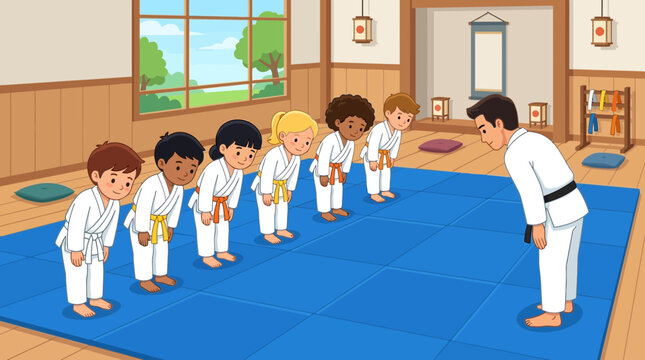 Vector illustration of a diverse group of children in white martial arts uniforms bowing to their instructor on a blue mat inside a traditional Japanese dojo training hall.