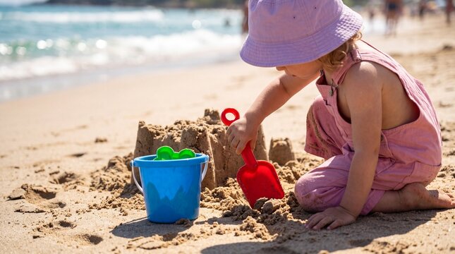 Little child playing with sand, a bucket, and a red shovel on a sunny beach near the ocean waves during a relaxing summer vacation day by the seaside.