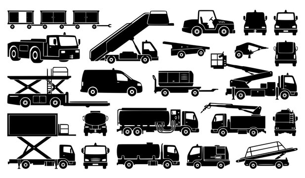 Airport ground support equipment fuel truck passenger stairs baggage loader and pushback tractor vector silhouettes