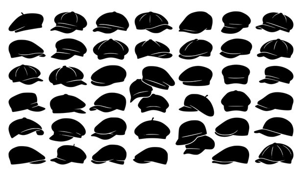 Vintage flat cap newsboy hat beret and baker boy cap headwear silhouettes vector icon set
