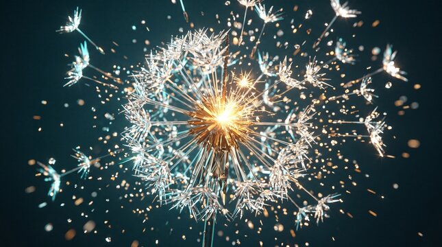 Stunning macro photo of a glowing crystal dandelion seed head exploding with bright golden sparks and blue light fragments against a dark teal background.
