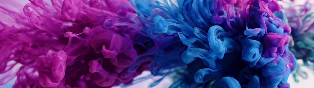 Ink dispersing forming billows creating a colorful pattern Flowing forms spreading in a dreamy calm atmosphere.