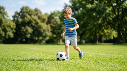 Obraz premium Young Boy Playing Soccer in a Sunny Park