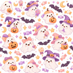 Obraz premium Cute Kawaii Ghost Halloween Seamless Pattern with Pastel Witch Hats, Pumpkins, Bats, and Candies. Adorable Spooky Aesthetic Illustration Isolated on Transparent Background for Textile and Wallpaper.