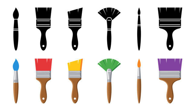 Vector collection featuring different paint brushes, round paint brush, flat paint brush, angled paint brush, fan brush, detail brush, wide paint brush
