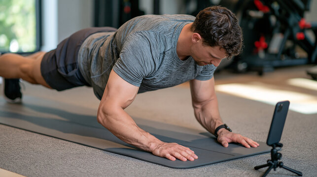Overhead close-up of a young male faceless athlete sustaining a plank on a premium yoga mat, phone recording the exercise from a small tripod at the side of the frame with subtle bokeh, neutral gym 