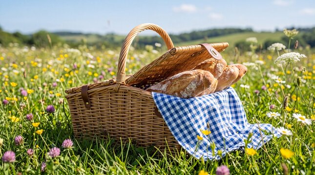Rustic picnic basket filled with crusty artisanal bread and a blue checkered gingham cloth resting on a lush green meadow full of wildflowers on a sunny day