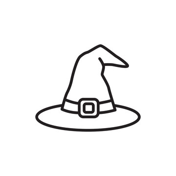 Simple black outline icon of a witch hat with buckle for Halloween themes.