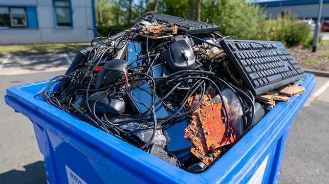 Top-down view of a bright sorting bin filled with discarded consumer electronics, tangled cables, outdated mobile phones, computer mice, keyboards and loose circuit boards, organized recycling facil